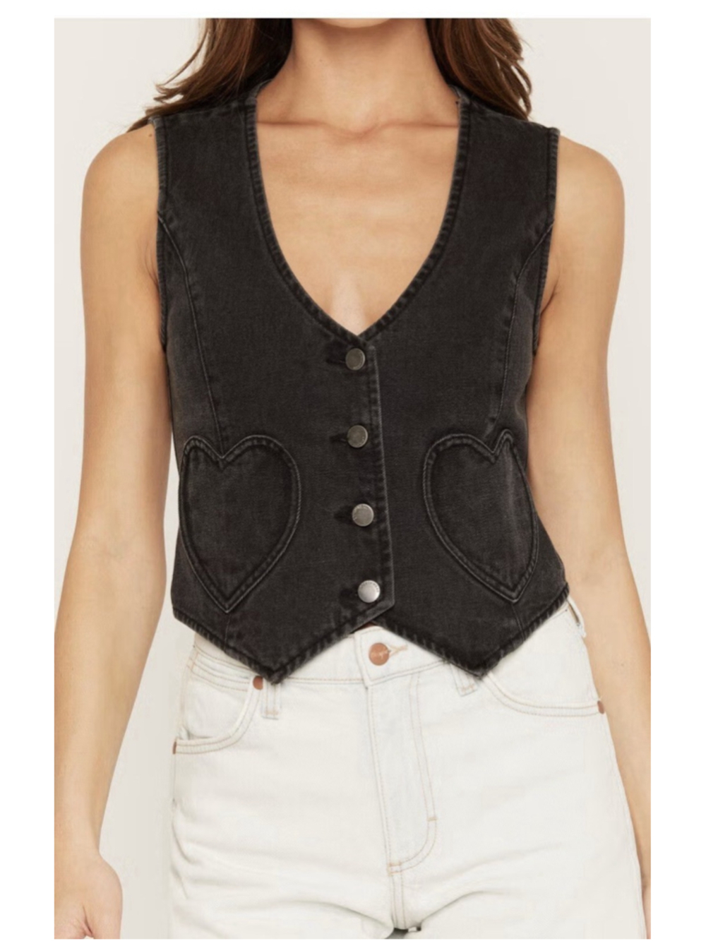 Ashley Women’s Black Heart Pocket Fitted Denim Vest Size Small